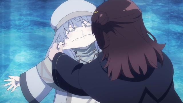 Meg stretching Chloe’s cheeks with her fang visible.