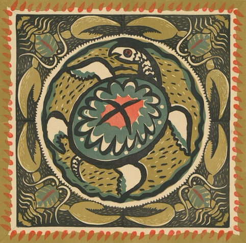 color woodcut on cotton fabric square, turtle figure in central roundel surrounded by four crustaceans with large outstretched claws (one in each corner with claws framing circle), with additional outer square border  color palette: yellow-brown, blue-green, coral, black, white