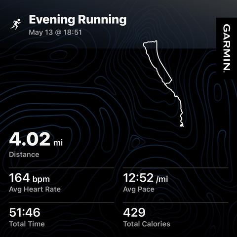 An evening running summary showing run was started May 13 at 18:51 with a distance of 4.02 miles(6.47 km) an average heart rate of 164 bpm, an average pace of 12:52 per mile (8:00/km), a total time of 51:46, and a calorie burn of 429. The background is black and gray with a genetic topographic map unrelated to the run and the running route outlined in white.