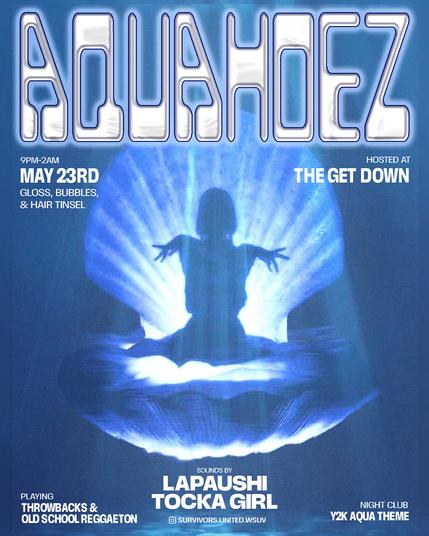 Event information (also in post) on a blue image of a femme person in silhouette emerging from a giant clamshell.