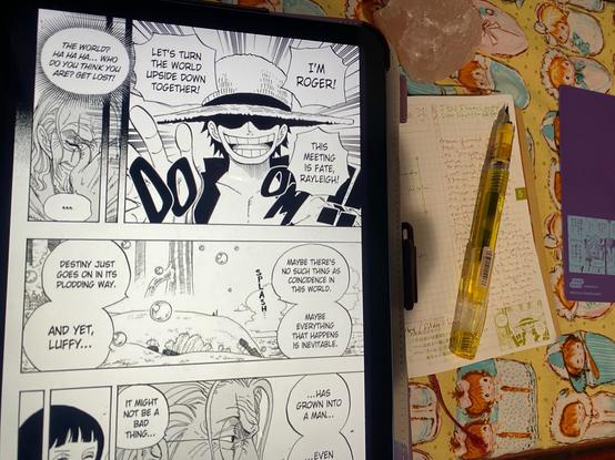 One Piece hobonichi open to the 5/13 page underneath an iPad displaying manga