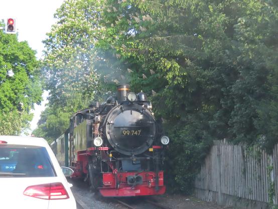 Eine schwarze Dampflok mit grünen Waggons dahinter im rechten Teil des Bildes.
Direkt an Zäunen, Bäumen, Grundstücken vorbei.

Eine rot leuchtende Ampel links oben bringt die Autos auf der Straße direkt neben der Kleinbahn zum Stehen.