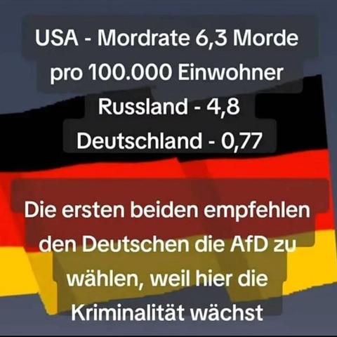 Deutsche Fahne "Schwarz-rot-gold", dazu steht:

USA - Mordrate 6,3 Morde
pro 100.000 Einwohner 

Russland  - 4,8

Deutschland  - 0,77


Die ersten beiden empfehlen 
den Deutschen die AfD zu
wählen, weil hier die Kriminalität wächst