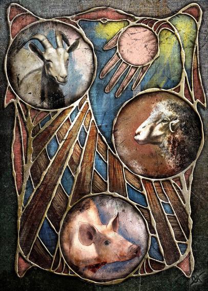 Illustration inspired by the fable, The Piglet, the Sheep, and the Goat, done heavily stylized with animal portraits and deep textured canvas surfaces in browns, blues, greens, yellows, and oranges.
