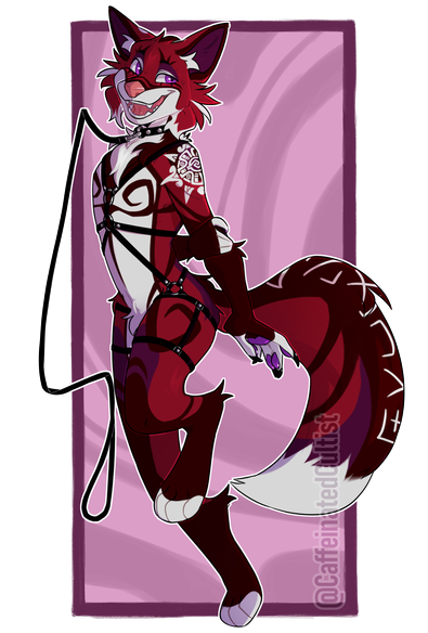 Digital art of a furry wolf character wearing a full-body harness, with collar and leash. Nothing else. They have a happy and teasing expression.

Artwork by, CaffeinatedCultist