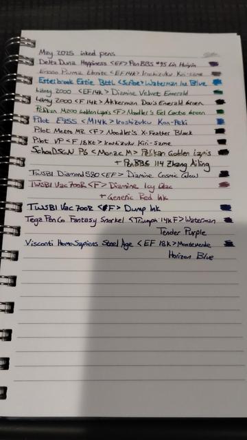 May 2025 inked pens
Delta Duna Happiness <EF> inked with PenBBS#95 Lin Huiyin
Ensso Piuma Ebonite <EF 14k> inked with Iroshizuku Kiri-Same
Esterbrook Estie Back to the Land <Scribe> inked with Waterman Inspired Blue
Lamy 2000 Black <EF 14k> inked with Diamine Velvet Emerald
Lamy 2000 Pine Green <F 14k> inked with Akkerman Dou's Emerald Groen
Pelikan M200 Golden Lapis <F> inked with Noodler's Eel Cactus Green
Pilot E95S Burgundy <M 14k> inked with Iroshizuku Kon-Peki
Pilot Metro MR Silver <F> inked with Noodler's X-Feather Black
Pilot VanishingPoint/Capless Seashore <F 18k> inked with Iroshizuku Kiri-Same
SchonDSGN Pocket 6 Ultem <Monac M> inked with Pelikan Golden Lapis + PenBBS #114 Zhang Ailing
TWSBI Diamond 580 Iris <EF> inked with Diamine Cosmic Glow
TWSBI Vac700r Irish <EF> inked with Diamine Icy Lilac + Generic Red Ink
TWSBI Vac700r Iris <F> inked with Dump ink (currently a very deep blue)
Tega Pen Co Fantasy Snorkel <14k F Triumph> inked with Waterman Tender Purple
Visconti Homo Sapiens Steel Age <EF 18k> inked with Monteverde Horizon Blue