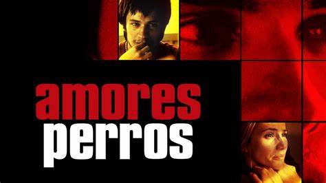 Logotipo de la película _Amores Perros_ con un diseño en tonos oscuros y rojos, mostrando fragmentos de imágenes de personajes en un estilo dividido en recuadros.