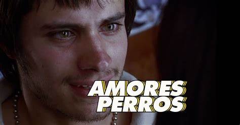 Escena de _Amores Perros_ con un primer plano de un personaje masculino, mostrando una expresión intensa mientras el título de la película aparece en la parte inferior de la imagen.