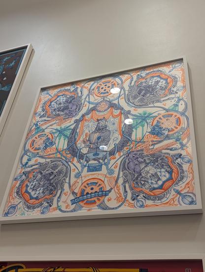 A horse winning an award in the middle with various other horse Hollywood scenes in orange and navy blue drawings on white along with green drawings too. Lots of film and horsey glitz and glam abound