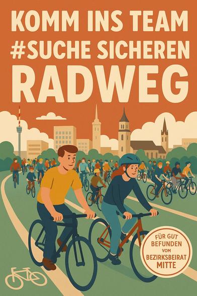 Radfahrer auf einem grünen Radweg. Im Hintergrund die Silhouette einer Stadt. Darüber die Überschrift "Komm ins Team #Suche sicheren Radweg"