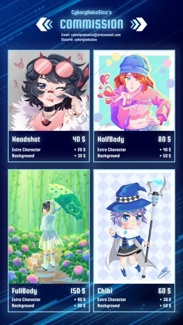 I'm opening art commission in lineless anime style. Price start on
Headshot: 40$
Halbody: 80$
Fullbody: 150$
Chibi: 60$