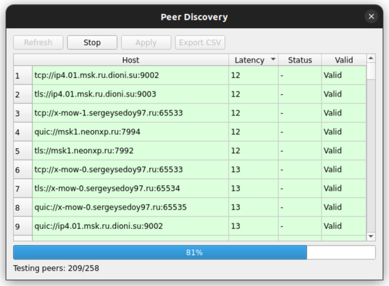A screenshot of Yggtray (https://github.com/the-nexi/yggtray) "Peer Discovery" dialog.