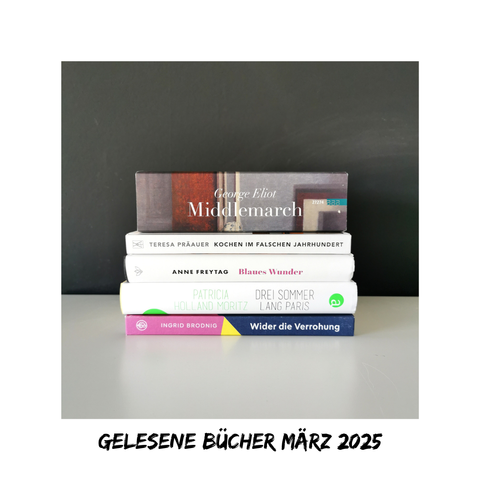 Auf dem Foto sind fünf Bücher. Es sind die Bücher, die ich im März 2025 gelesen habe. In der Caption zähle ich die Bücher auf und gebe einen kurzen Leseeindruck zu jedem Buch.