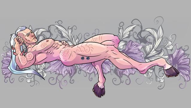Coloured inkdrawing of 40k-Lucius laying naked in front of slightly tentacly flowers. He is stretching his goat legs and is propping his head on one hand.
