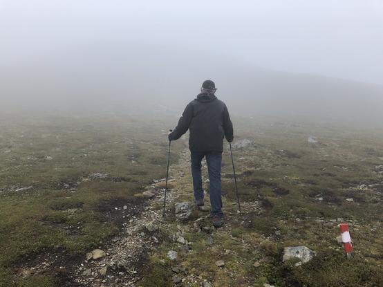 Rückenansicht eines Bergwanderers mit Wanderstöcken. Er geht auf einem schmalen Wanderweg oberhalb der Baumgrenze in den Nebel hinein, indem man noch schemenhaft den Gipfel erkennt. Im Vordergrund rechts ein niedriger rot-weiß-roter Pflock als Wanderweg-Markierung.