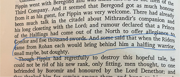 Foto av boksida ur The Return of the King, texten säger att Rohans ryttare ”each would bring behind him a halfling warrior, small but doughty”.