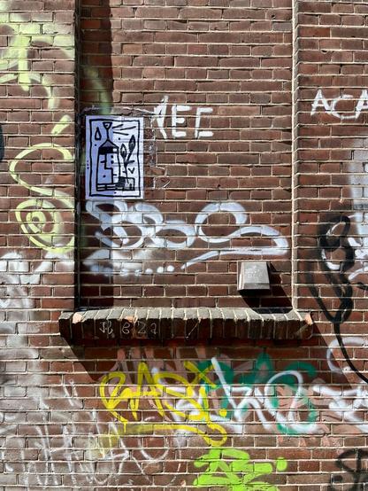 Handmade pasteup poster on brick wall surrounded by graffiti tags