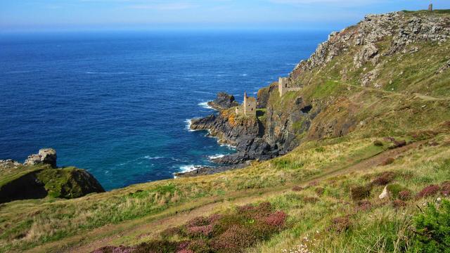 The image shows a scenic view of Botallack Mine in Cornwall. The Crowns Engine Houses, remnants of the mine, stand on a rugged, rocky cliff face overlooking the deep blue sea. The cliff is covered in green grass and purple heather, with a dirt path winding down towards the engine houses. The sky is clear and blue.