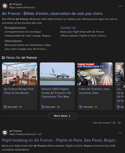 Screenshot of a DuckDuckGo search result page. First item: www.airfrance.fr
Second item: wwws.airfrance.fr