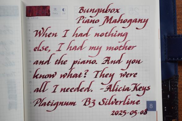 Bungubox
Piano Mahogany

When I had nothing else, I had my mother and the piano. And you know what? They were all I needed. —Alicia Keys

Platignum B3 Silverline
2025-05-08