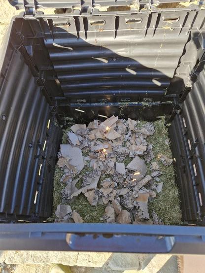 A view down into a large, black plastic compost bin. It's layered with torn cardboard on top of grass from a mown lawn. The sun is shining across the picture.