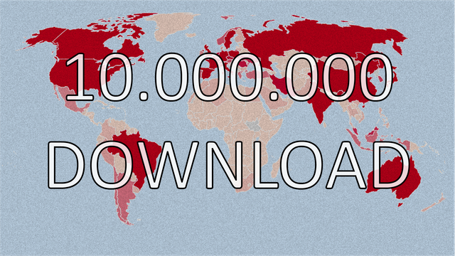 L'immagine mostra una mappa del mondo con diverse aree colorate in rosso e marrone. La maggior parte delle regioni, in particolare in America del Nord, America del Sud, Europa e Asia, sono colorate in rosso, indicando un alto livello di attività. Al centro dell'immagine, in caratteri bianchi e grandi, si legge "10.000.000 DOWNLOAD", che suggerisce un riferimento a un numero significativo di download. Lo sfondo è di un colore blu chiaro, che contrasta con i colori della mappa.