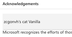 The screenshot is from a Microsoft security advisory, which acknowledges a bug hunter's cat named Vanilla for spotting the vulnerability.