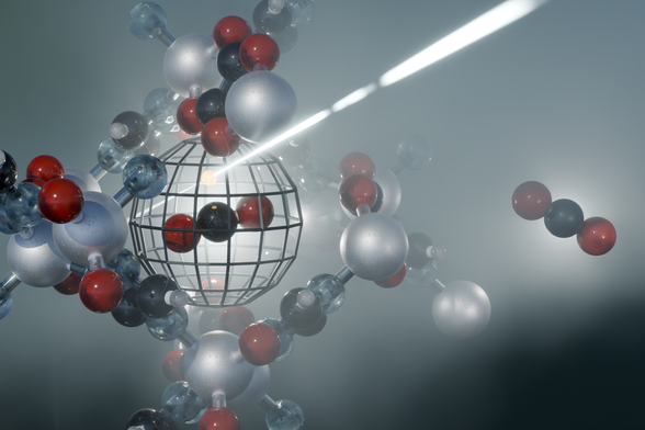 Artistic representation of CO2 capture from a moisture-laden gas stream using CALF-20, a zinc-based metal-organic framework. Also shown: The decay of positronium, which is used to probing the void of the MOF. In this process, an electron and a positron annihilate each other to produce characteristic gamma rays which can be detected.

Source: B. Schröder/HZDR