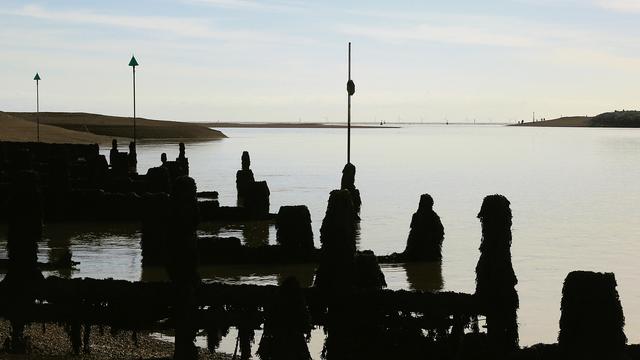 A view across darkened groynes to the mouth of an inlet and on out to sea. The groynes are seen in silhouette and are draped with seaweed.
