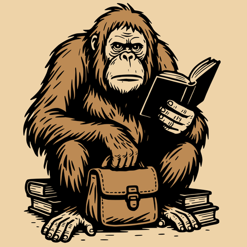A drawing of the librarian of Unseen University - an Orang Utan reading a book, holding a brown satchel.