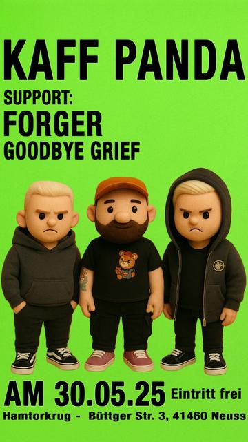 Konzertplakat der Band Kaff Panda. Auf hellgrünem Grund befinden sich drei als Comicfiguren stilisierte Musiker, grimmig guckend.