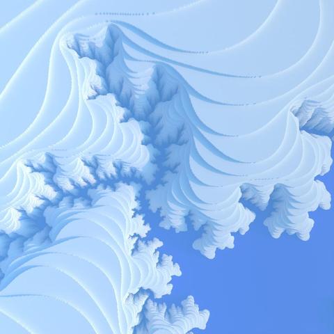 White Mandelbrot voxel heightmap seen from above. It looks like cliffs by the sea.