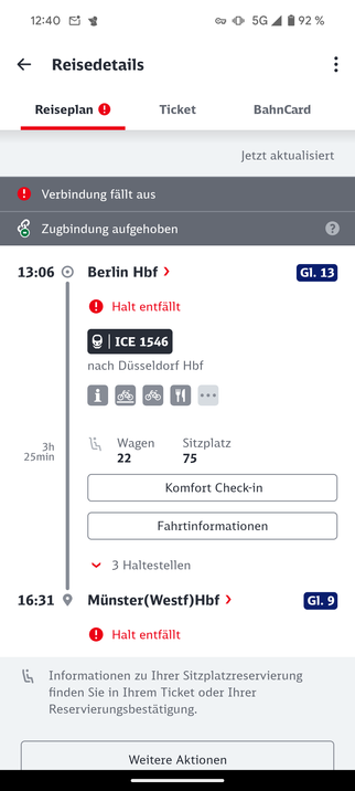 Screenshot aus dem DB Navigator mit Anzeige des Zugverlaufs von ICE 1546. Die Angaben "Halt entfällt" und "Zugbindung aufgehoben" verdeutlichen, dass dieser Zug heute nicht fahren wird.