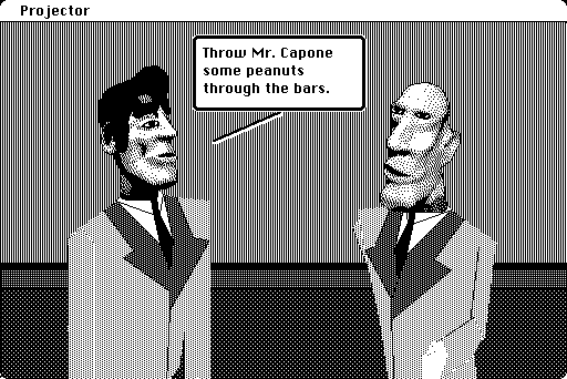 In-game image from King of Chicago, on the Mac. The heads look like scanned images, while the rest looks drawn with QuickDraw primitives. The effect is jarring.
