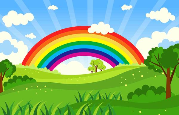 A cartoon style drawing of rolling green fields with 2 trees. the upper half of the drawing is of a blue sky, white clouds and a huge rainbow. I'm pretending it's my back garden, mostly because I'm bored.