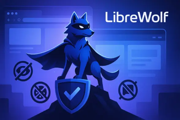 un loup bleu en costume de super-héros perché sur un monticule flanqué d'un bouclier.