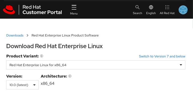 Screenshot of the Red hat Customer Portal showing that the "Red Hat Enterprise Linux for x86_64 10.0" download is available