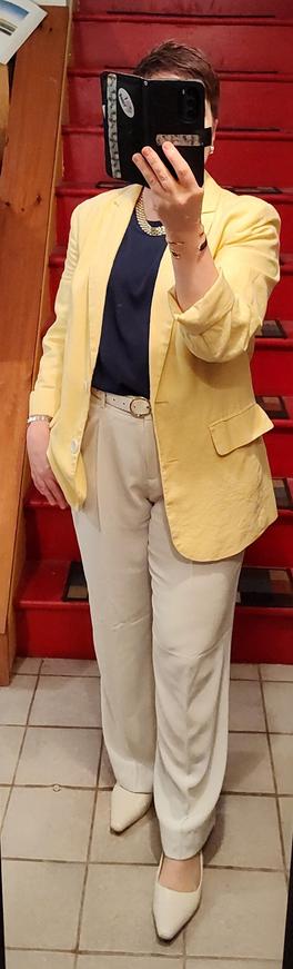 Navy blue shell, white satin trousers, yellow linen blazer. White flats, white belt, gold jewelry.