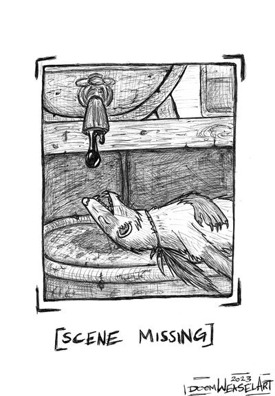 Black and white ballpoint pen illustration of a ferret passed out on a barstool, next to a leaky beer keg