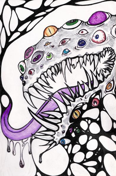 Ballpoint pen drawing of a creature with multiple eyes, a long drooling purple tongue and long sharp teeth