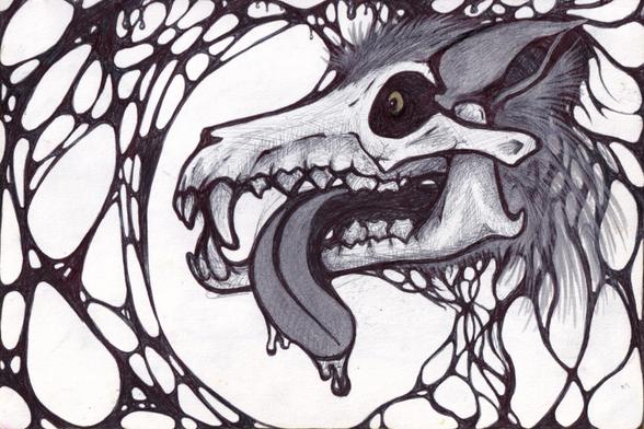 Ballpoint pen drawing of a canine skull with fur on top of his head, a long drooling tongue and a golden eye on an abstract background