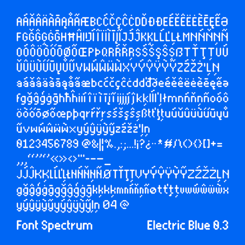 All glyphs from v0.2 will be in v0.3, with many extra accents for Latin Script based languages. The letters are displayed white on vibrant blue.