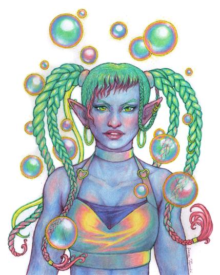 A colorful portrait of an alien girl surrounded by soap bubbles.