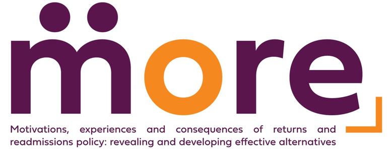 This is a logo for "more" a research consortium of 11 institutions across Europe. The text underneath "more" reads "Motivations, experiences and consequences of returns and readmissions policy: revealing and developing effective alternatives". Logo is in dark purple and orange with a double dots above the m.