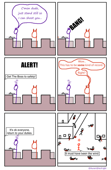 A 6 panel comic of crudely drawn stick figures.

Panel 1: 
A purple cat - Aura - and an orange anthro fox stand on some ramparts in a castle. Aura is holding a sniper rifle on the edge.

She says, "C'mon dude, just stand still so I can shoot you..."

Panel 2:
The gun has some fire form its muzzle and the word BANG! is shown as she fires the gun.

Panel 3:
Aura is looking annoyed as an Alert goes off, someone off screen yells, "Get the boss to safety!"

Panel 4:
Fox says, "Wow... This has got to be some kind of record... right?"

Panel 5:
Someone off screen says, "It's ok everyone, return to your duties."

Panel 6:
The castle courtyard is seen. There's 13 corpses strewn about, all in pools of blood.

In the centre of it all is a bright red Dude, a bright red targeting reticle is floating above his head to denote that he is the target.

Dude says, "It must have been the wind."