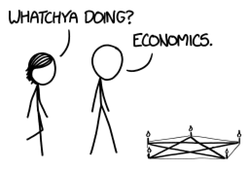 xkcd comic of a stick figure asking "Whatcha doing" and another replying "economics" while a pentagram is on the floor https://what-if.xkcd.com/111/