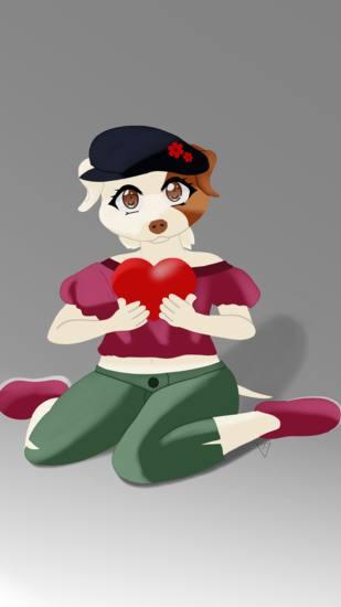 A charming anthropomorphic female bulldog is sitting on her legs, wearing a stylish hat. She is holding a heart in her paws, symbolizing love.
