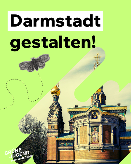 Darmstadt gestalten!
Illustration: herumfliegender Schmetterling und Matildenhöhe