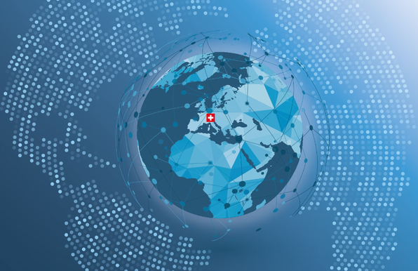 Image de couverture du rapport: Illustration stylisée d’un globe terrestre en teintes de bleu, représentant les continents avec un motif géométrique polygonal. Des points et lignes relient différentes régions, symbolisant les connexions numériques mondiales. Au centre de l’Europe, un petit drapeau suisse rouge avec une croix blanche indique la position de la Suisse.