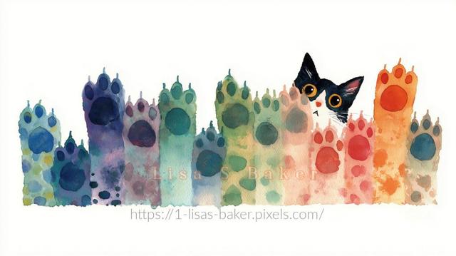 Whimsical artwork featuring a curious black and white cat peeking out from behind a parade of colorful paw prints. Each paw is uniquely painted in vibrant hues of blue, green, pink, and orange, creating a lively, cheerful design that radiates creativity and feline fun. Art by Lisa S Baker